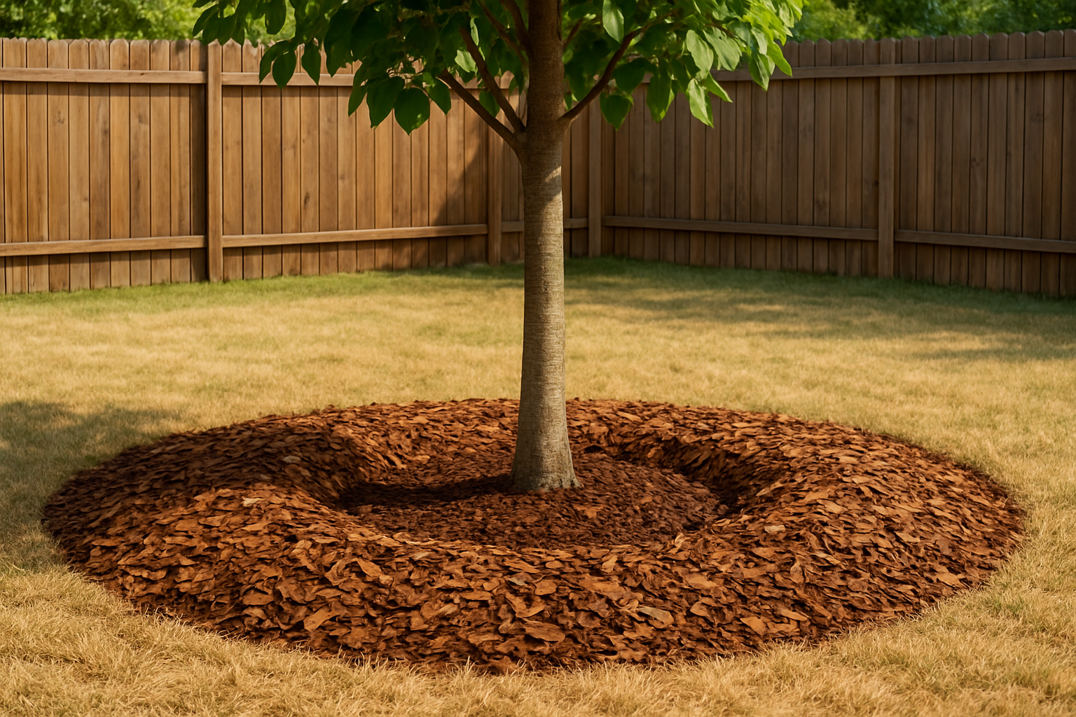 Close-up of a properly mulched young tree in a Houston backyard, showing a wide natural wood mulch ring pulled away from the trunk, with dry summer lawn and wooden fence in the background