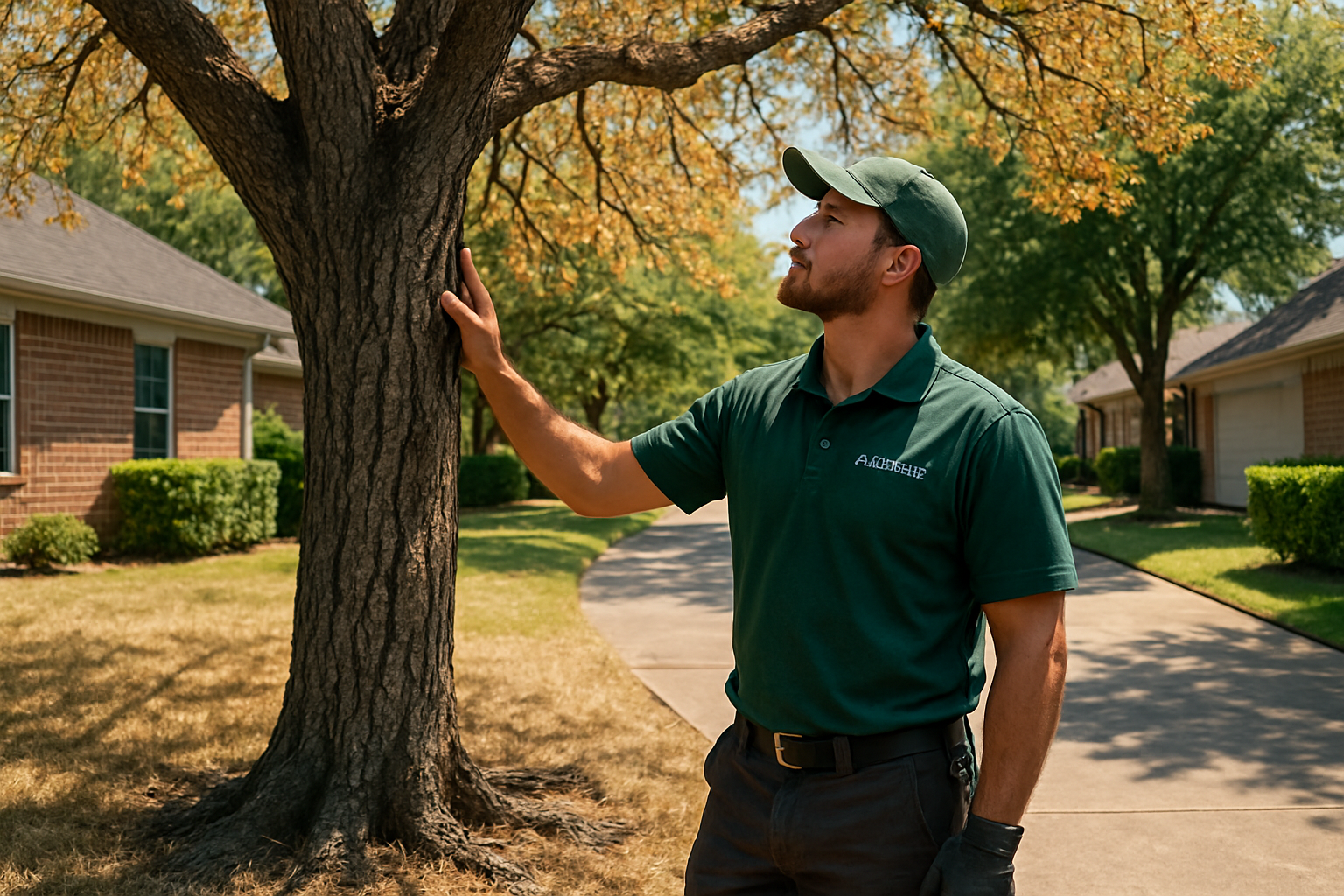 ArborTrue tree care professional inspecting the bark and canopy of a drought-stressed oak tree in a Houston neighborhood, wearing work gear and standing near a shaded driveway on a hot August day