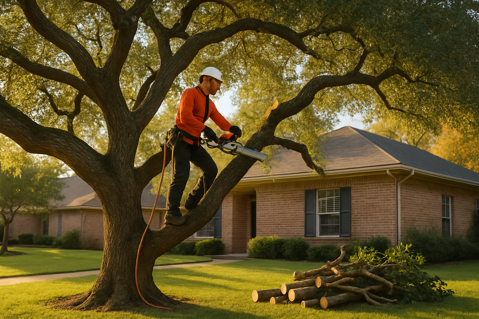 A professional arborist in safety gear trimming a large live oak tree in a Houston residential front yard in early fall, with green grass, warm September sunlight, a brick home in the background, and neatly cut branches stacked nearby