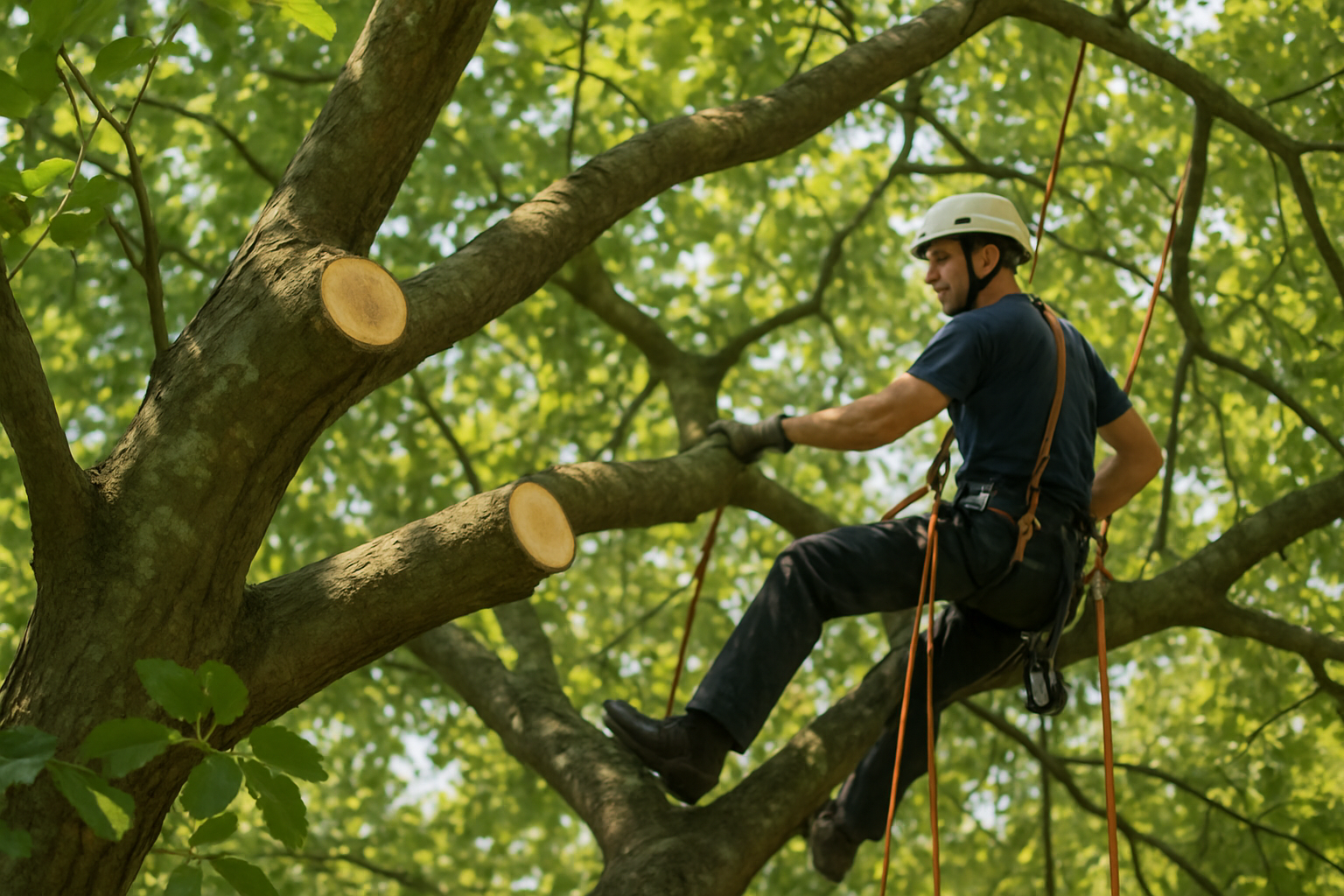 Close-up view of a Houston tree canopy being professionally thinned, showing clean pruning cuts, healthy green leaves, filtered sunlight through the branches, and a worker safely positioned with ropes and protective helmet