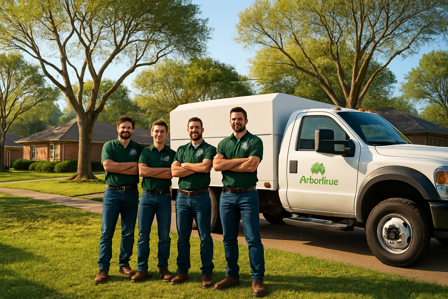ArborTrue tree service crew standing beside a clean work truck in a Houston neighborhood after completing a fall tree trimming job, with trimmed trees, neatly cleared lawn, blue sky, and warm late afternoon light