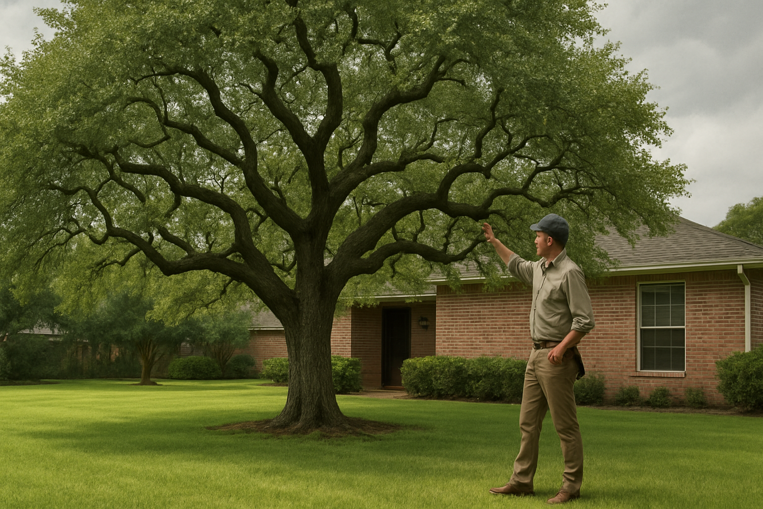 A mature live oak tree in a Houston front yard during early September, with green lawn, overcast Gulf Coast sky, and an arborist inspecting branches near a brick home
