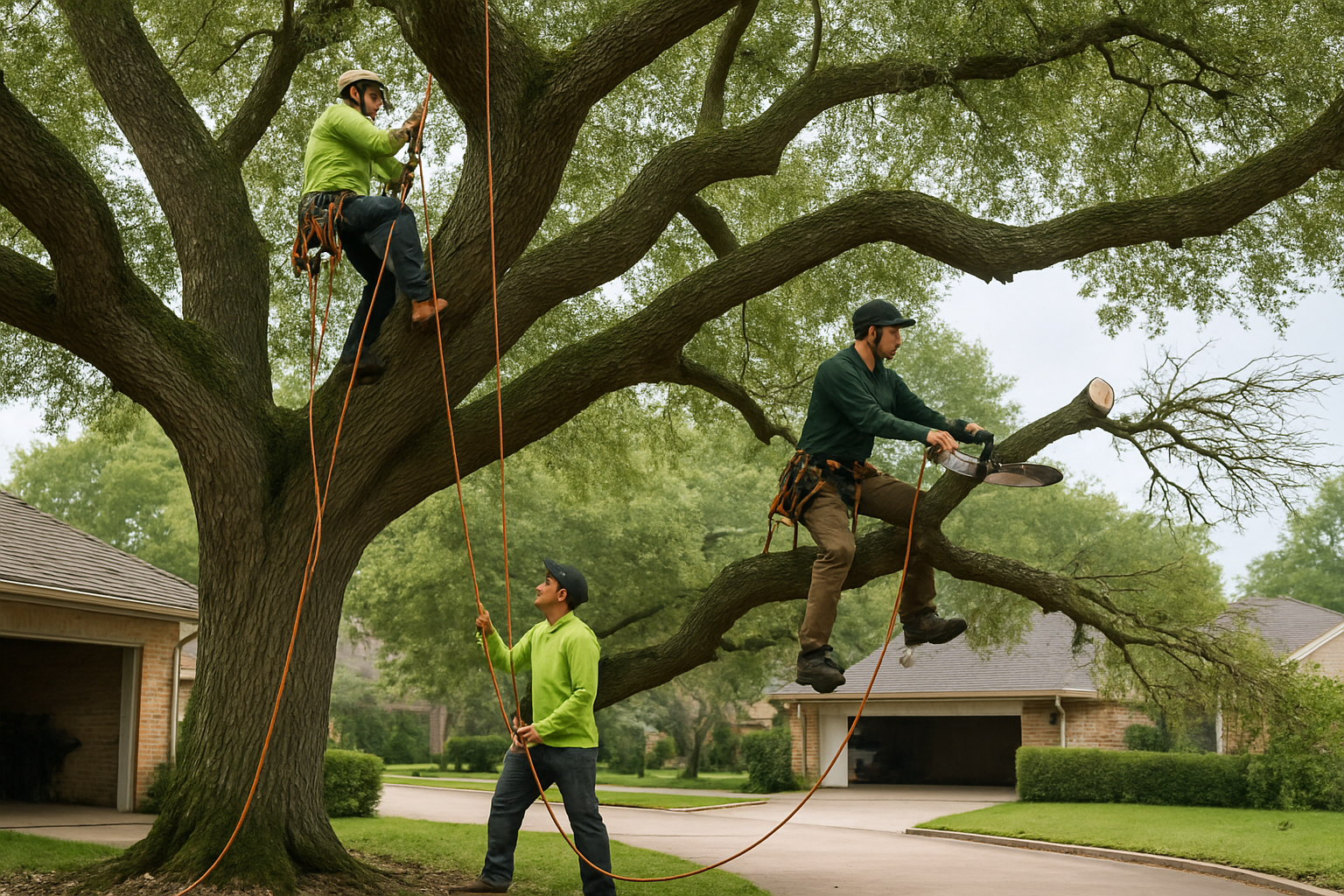 Professional tree crew pruning a large Houston oak tree with ropes and safety gear, removing dead limbs above a residential driveway before storm season