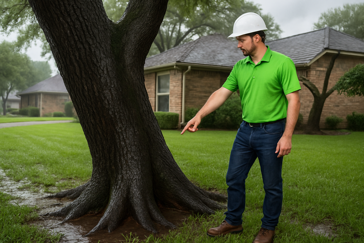 After a Houston rainstorm, an ArborTrue arborist standing beside a large tree with wet grass and saturated soil, pointing out root flare and signs of leaning near a suburban home