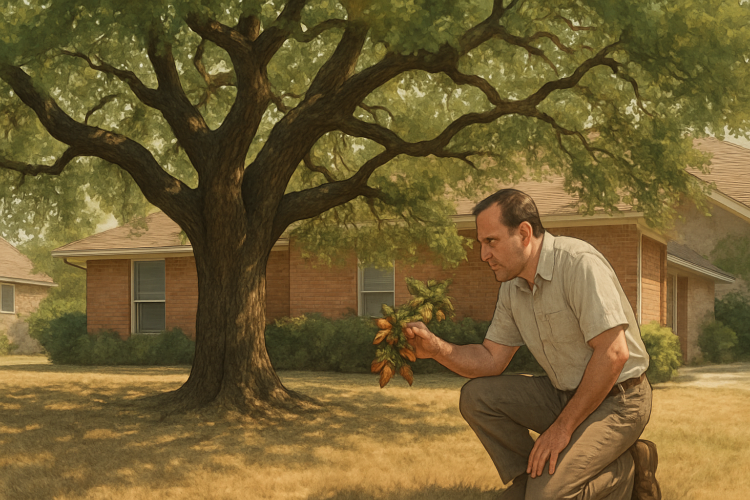 A mature live oak tree in a Houston front yard during a hot September afternoon, with dry patchy grass, dappled sunlight, and a homeowner inspecting browning leaves near the lower canopy