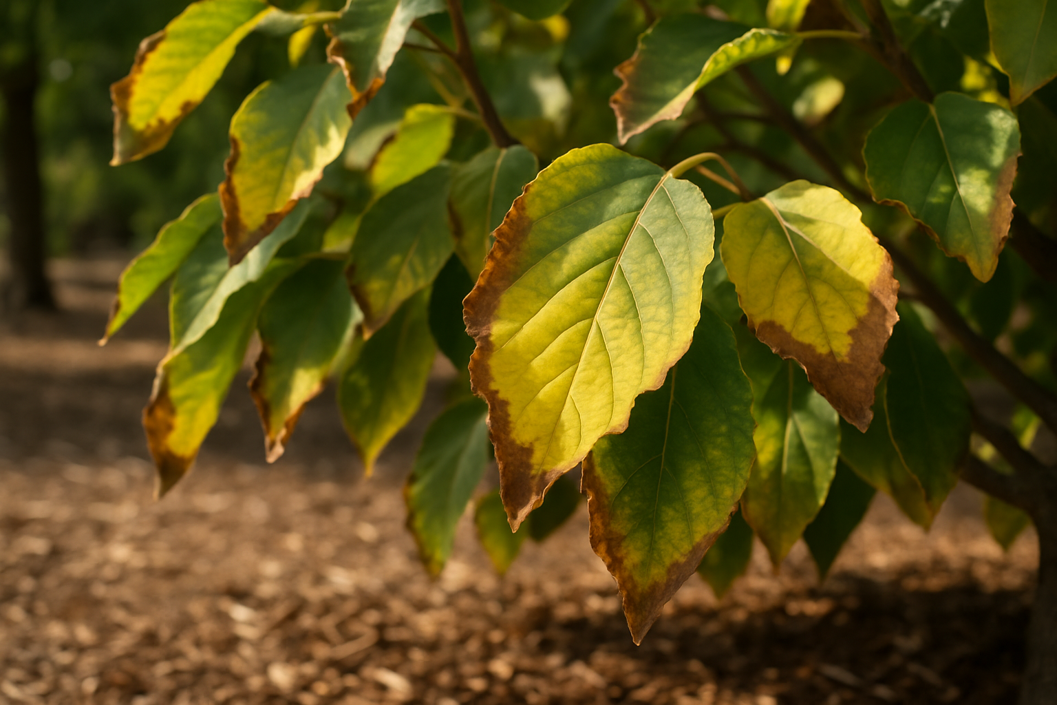 Close-up photographic view of heat-stressed tree leaves in Houston, showing curled brown edges, yellowing foliage, and dry mulch under bright late-summer sunlight