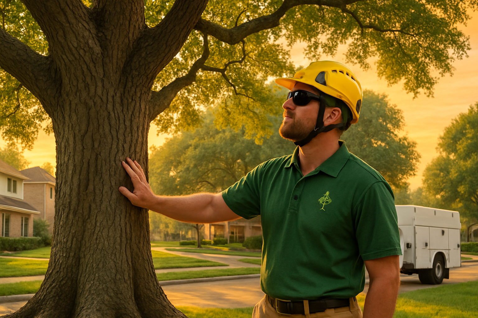 Professional ArborTrue tree care crew member in safety gear inspecting the base and canopy of a large shade tree in a Houston residential neighborhood, with work truck in the background and warm September sky