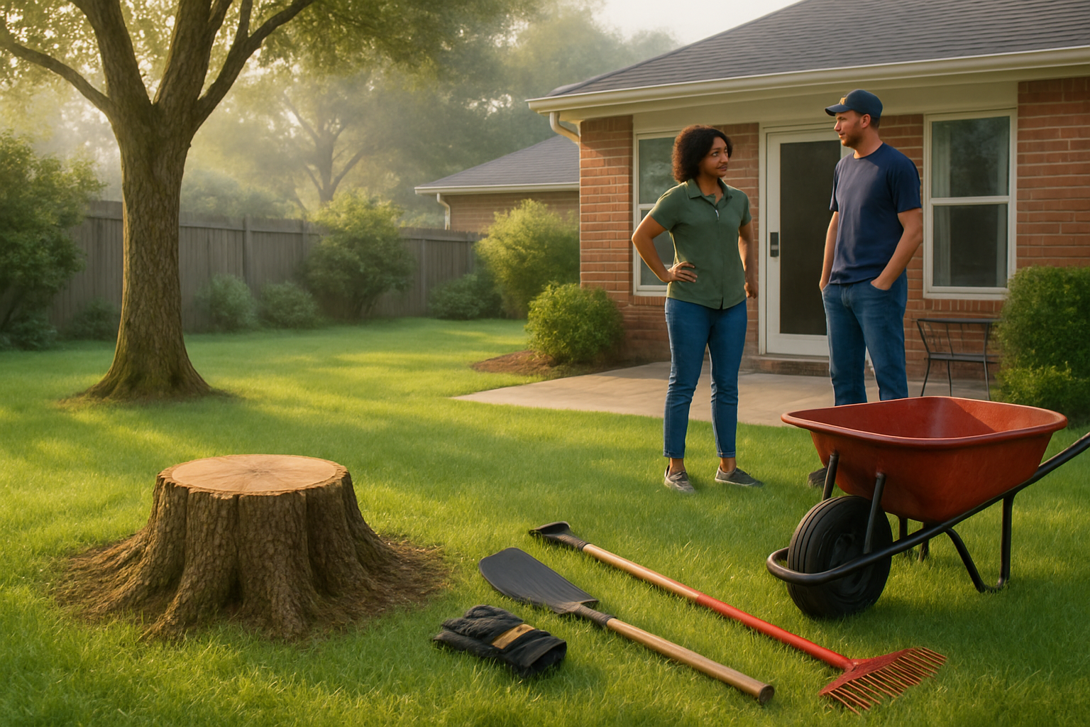 A Houston backyard in early September with green grass, humid morning light, a visible tree stump near a patio, and landscaping tools nearby as homeowners prepare for a fall landscape project