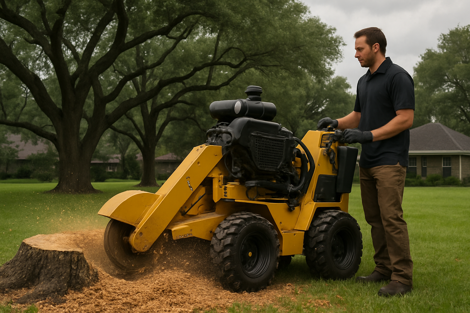 Professional stump grinding equipment removing an old tree stump in a Houston residential yard, with wood chips spreading around the stump, mature live oaks in the background, and overcast September sky