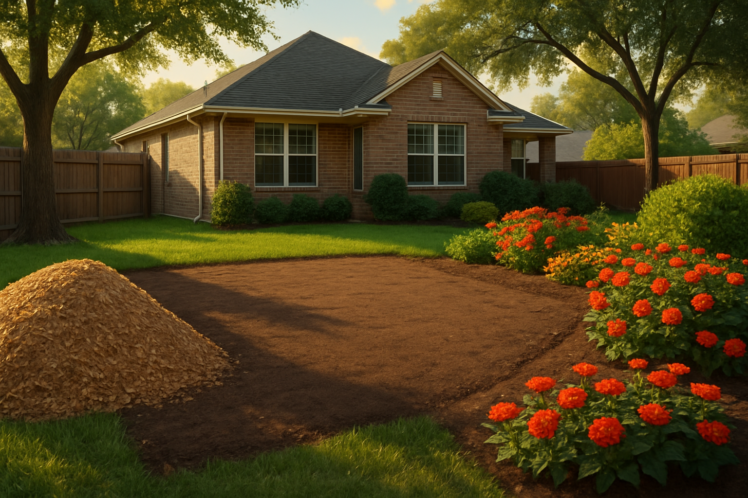 Finished Houston yard after stump grinding with a clean level patch of soil ready for new sod and fall flower beds, wood chips neatly contained, warm late afternoon light, and a residential home in the background