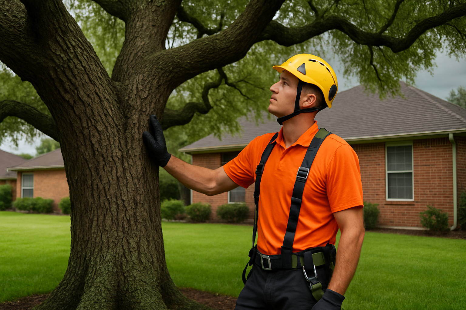 A professional arborist in safety gear inspecting a large live oak tree in a Houston residential yard during early September, with green grass, humid overcast skies, and a suburban brick home in the background