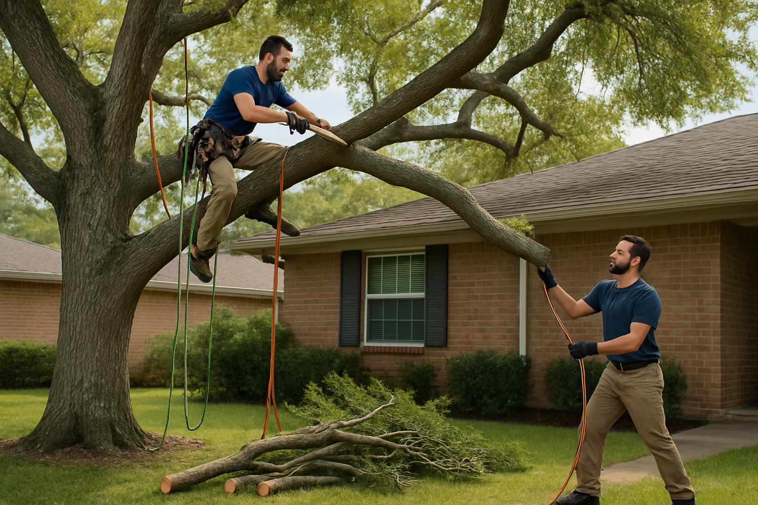 A Houston tree care crew carefully pruning large overhanging branches near the roofline of a one-story home, using ropes and professional equipment, with trimmed limbs neatly staged on the lawn
