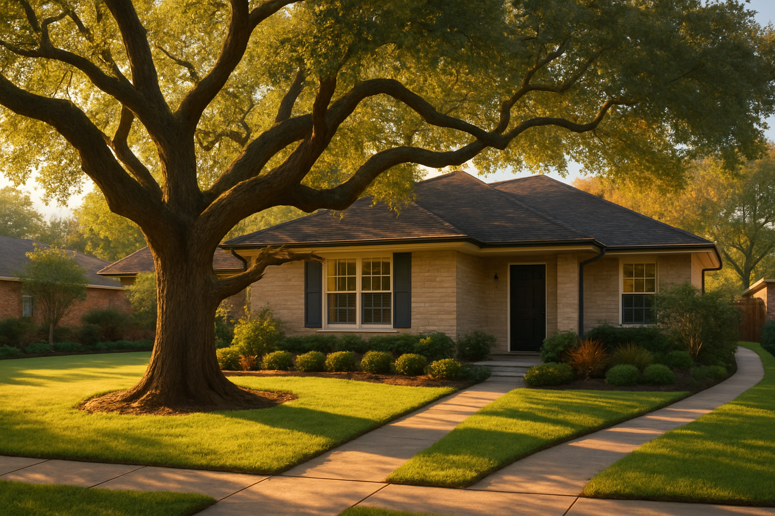 A beautiful Houston front yard in early fall with a healthy mature live oak providing shade over a landscaped lawn, clean walkways, trimmed branches, and warm late-afternoon sunlight