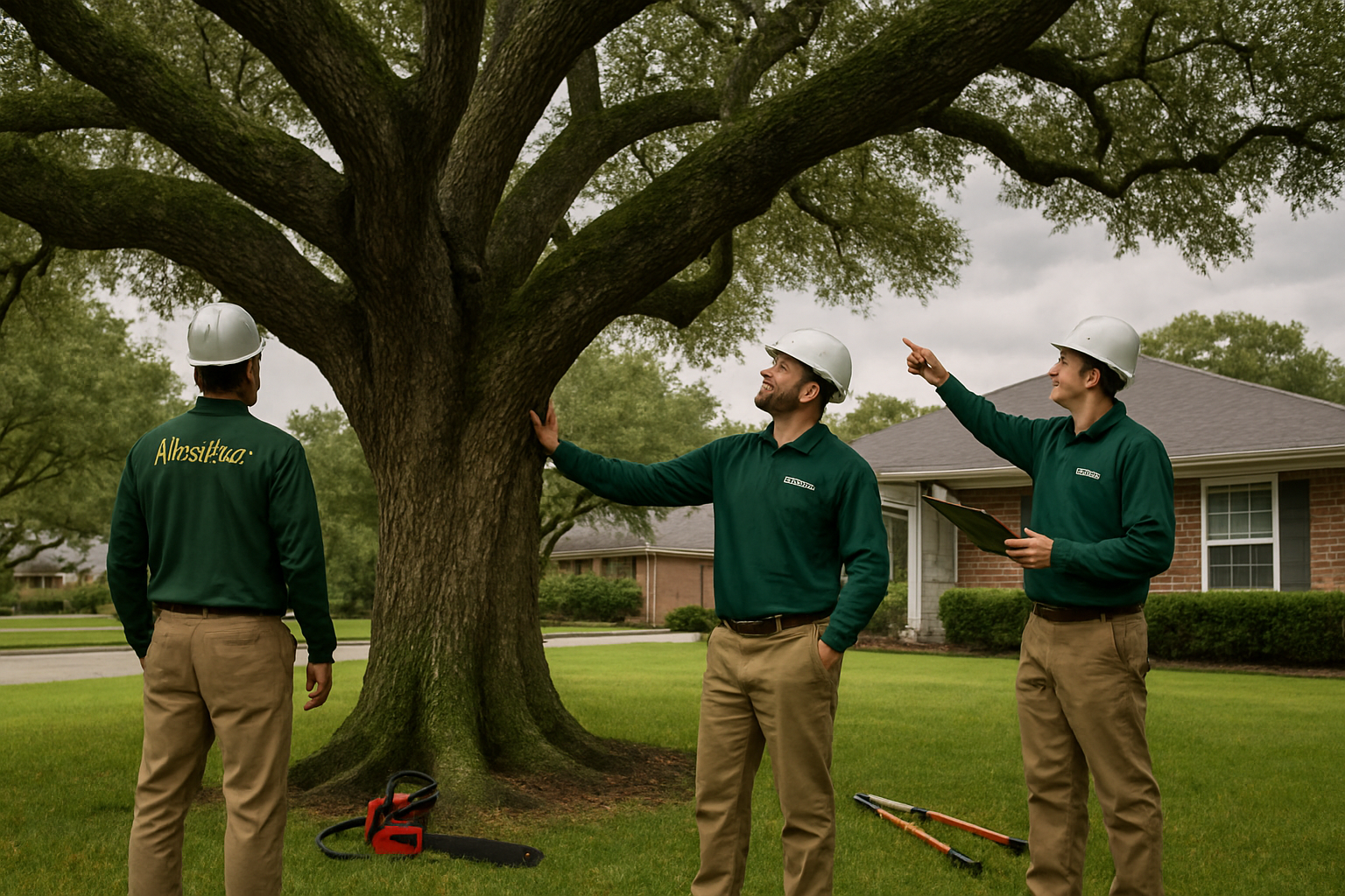 A professional ArborTrue tree care crew in Houston, Texas inspecting a large live oak tree in a residential front yard during early October, with green grass, overcast Gulf Coast sky, pruning tools, safety helmets, and a home visible in the background
