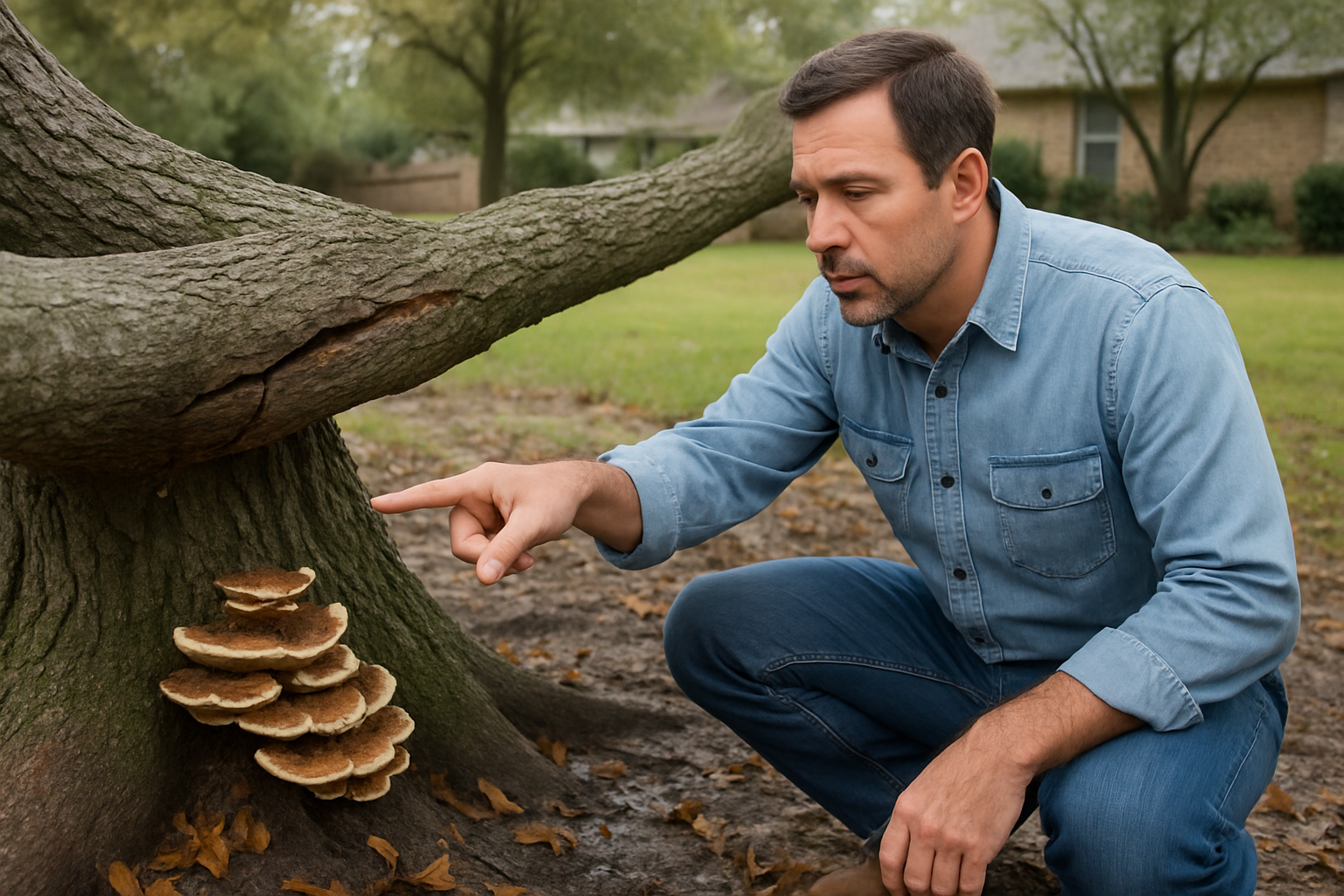 Close-up photograph of a Houston homeowner pointing to a cracked tree limb and fungal growth near the base of a mature oak tree after heavy October rain, with damp soil, fallen leaves, and a suburban yard setting