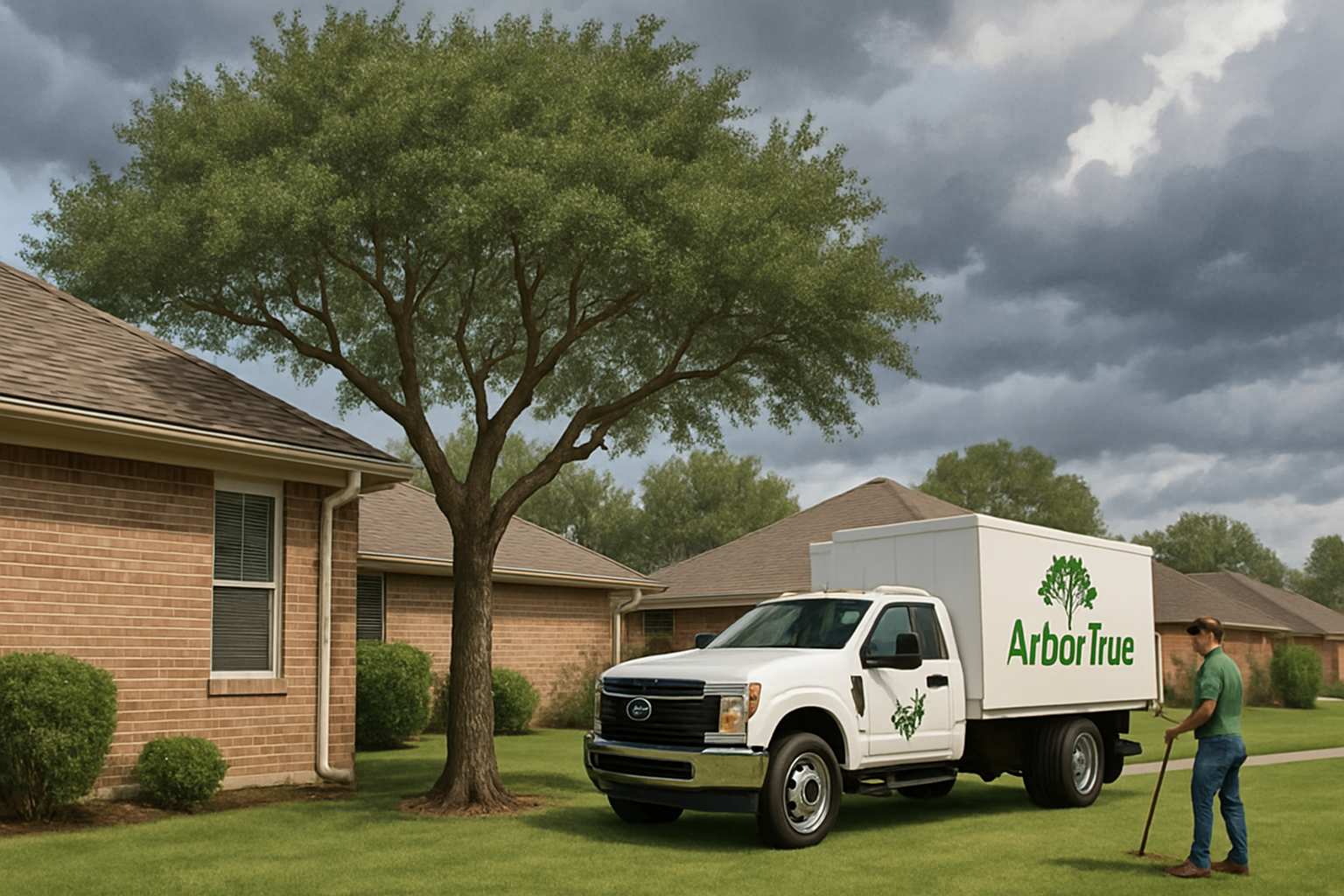Wide residential scene in Houston, Texas showing a well-pruned backyard tree with branches cleared away from the roofline, an ArborTrue service truck parked nearby, storm clouds in the distance, and a clean lawn after October tree maintenance