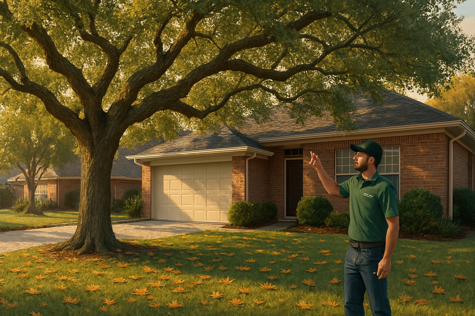 A Houston residential front yard in October with a mature live oak tree overhanging a driveway, fallen leaves scattered on the lawn, warm late afternoon light, and an ArborTrue tree care specialist inspecting branches from the ground