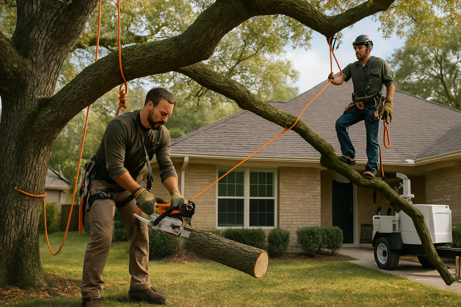 Professional tree crew in Houston safely pruning a large oak limb over a residential roof, using ropes and proper safety gear, with clean equipment and a neat suburban yard in mild October weather