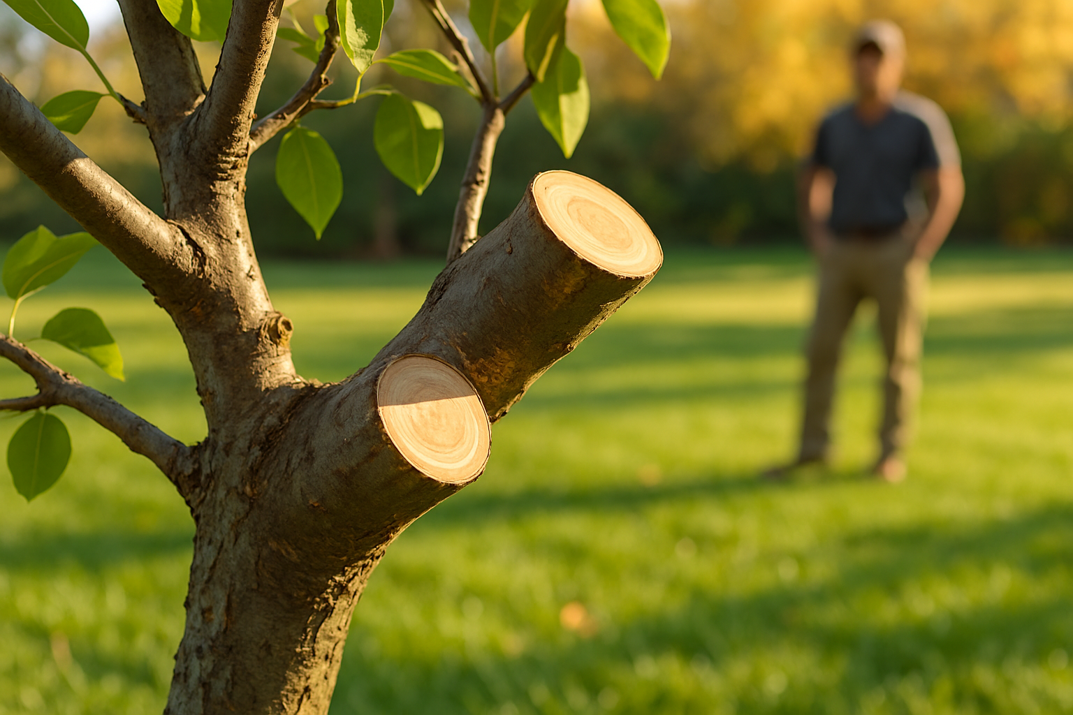 Close-up of a healthy pruned tree branch with clean cut marks, green Houston lawn in the background, autumn sunlight, and no debris left behind after professional tree care service