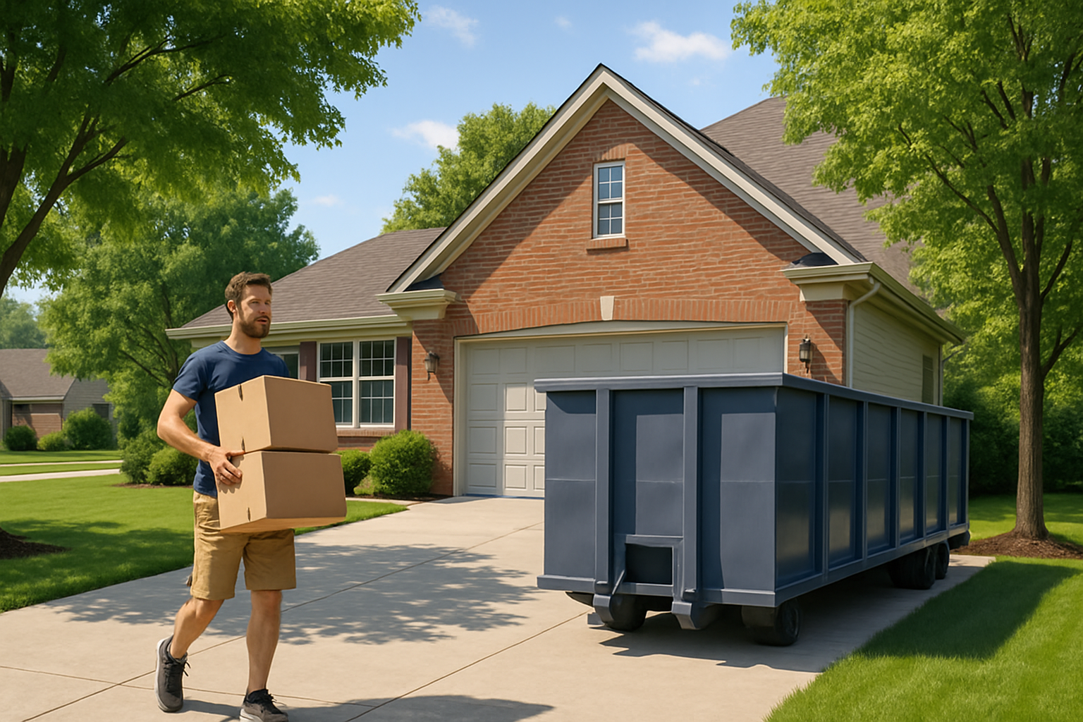 A clean residential driveway in Carmel, Indiana on a sunny July afternoon with a roll-off dumpster placed neatly near a garage, trimmed lawns, leafy trees, and a homeowner carrying boxes during a summer cleanup