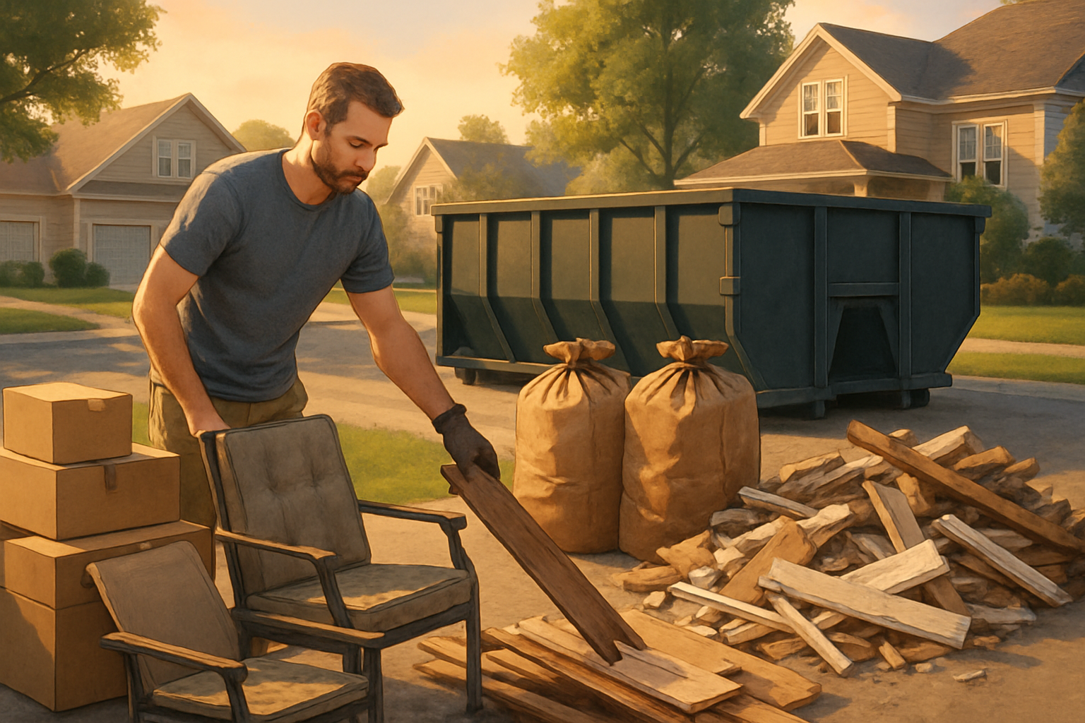 A Carmel, Indiana homeowner sorting summer cleanup debris into piles beside a roll-off dumpster, including cardboard boxes, old patio furniture, yard waste bags, and remodeling scraps, with warm evening sunlight and suburban homes in the background