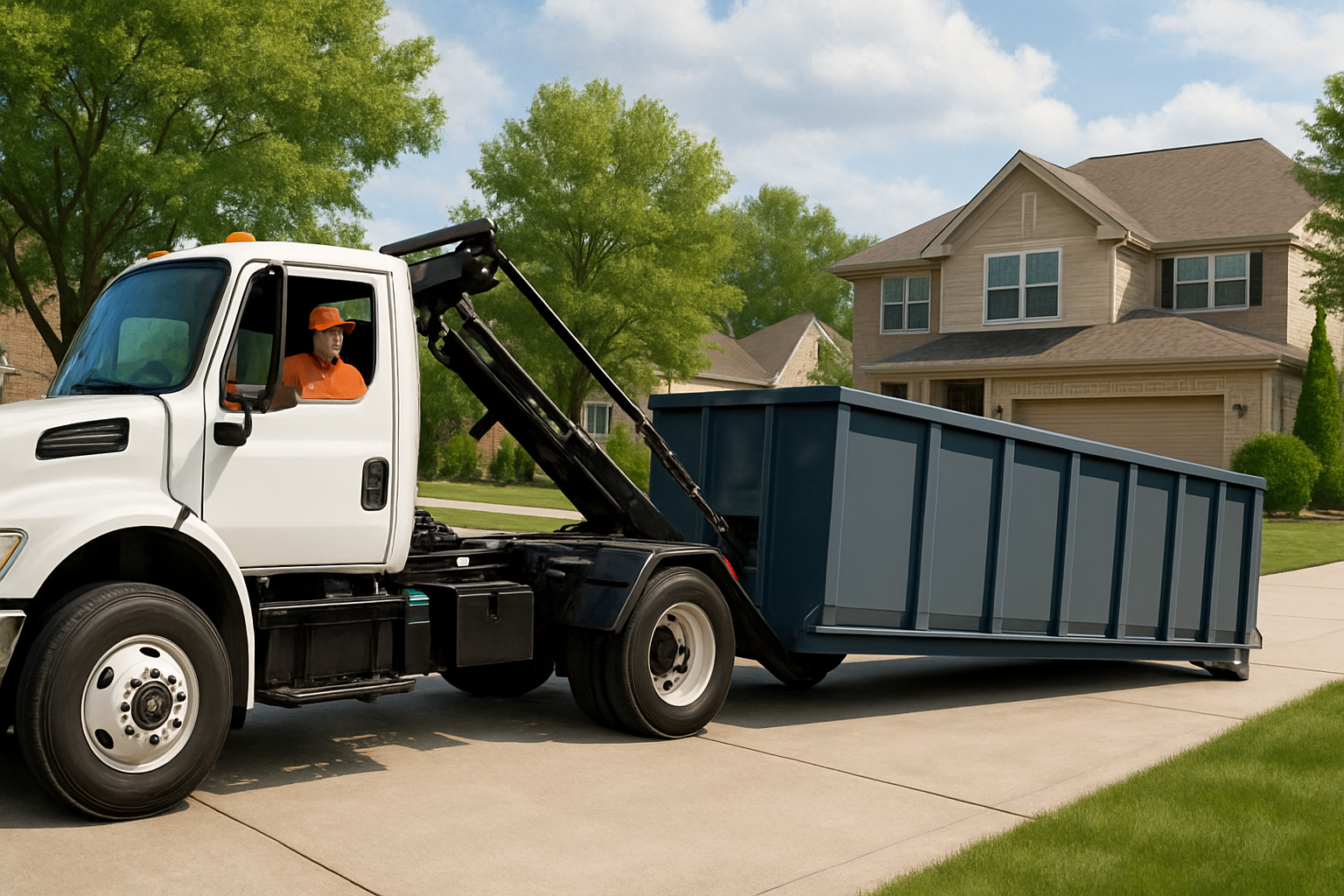 A professional Haulstr-style dumpster delivery truck carefully placing a clean roll-off dumpster on a wide Carmel, Indiana driveway, with a neat suburban neighborhood, green summer trees, and partly cloudy July sky