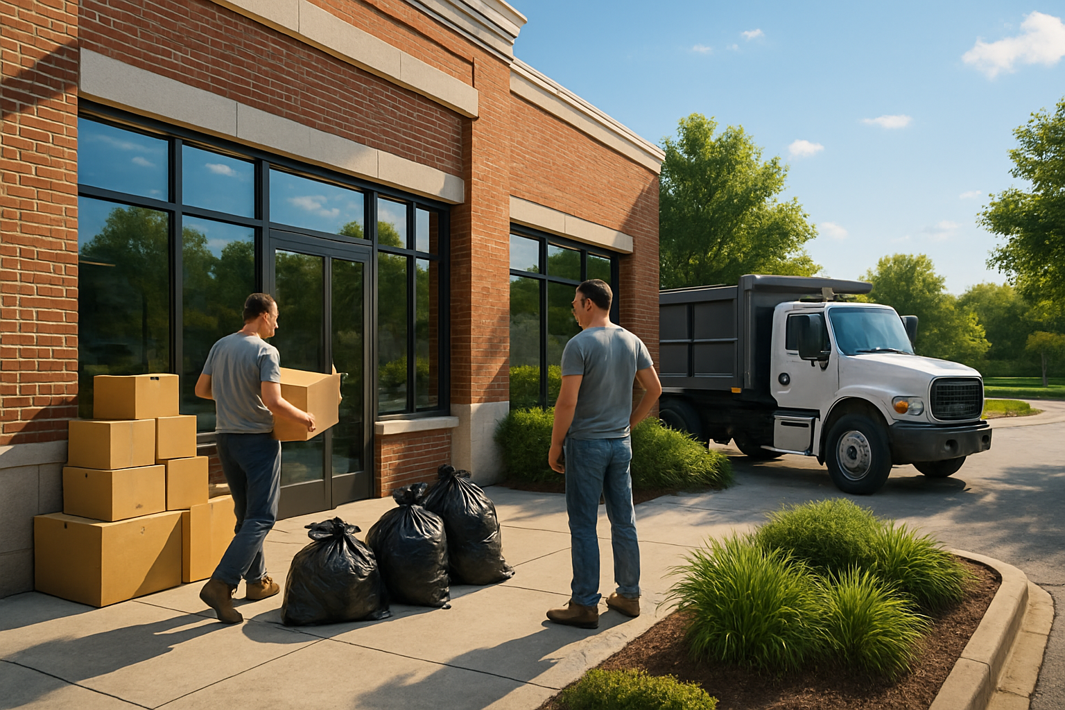 A bright July morning outside a busy Carmel, Indiana retail storefront with neatly stacked cardboard boxes, bagged trash, and a clean Haulstr-style hauling truck parked nearby, summer sun, green landscaping, professional commercial setting