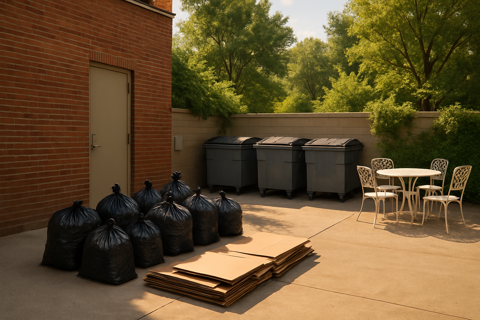 A Carmel, Indiana restaurant back-of-house area in July with organized bags, flattened cardboard, patio furniture, and summer greenery nearby, showing a clean and well-managed commercial waste staging area in warm afternoon light