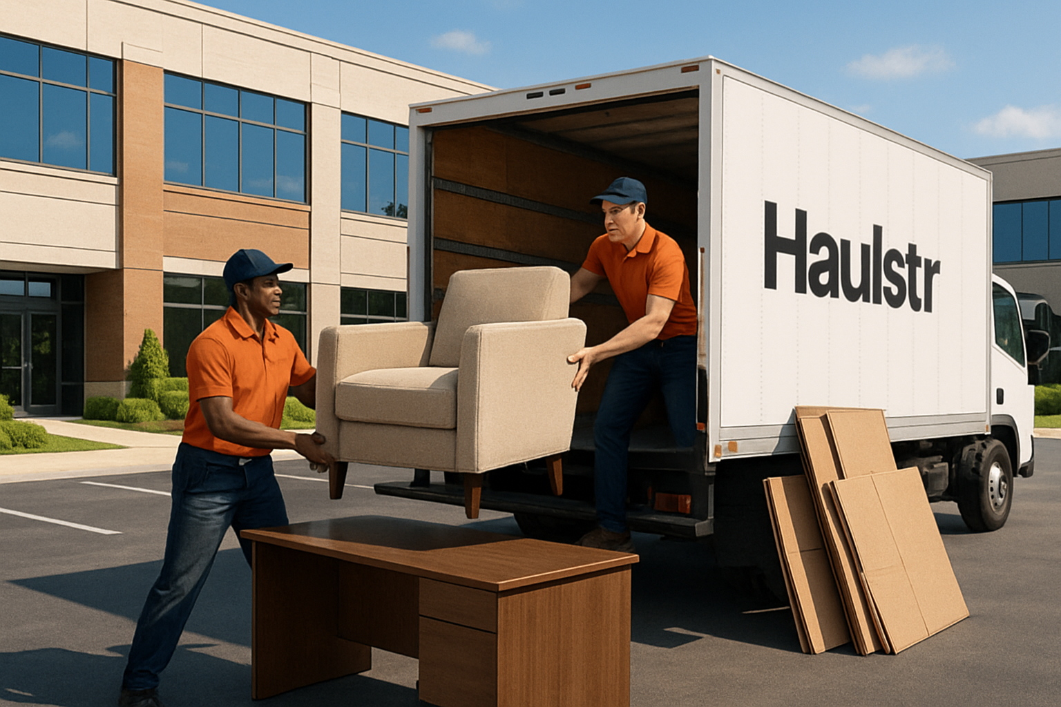 A professional Haulstr hauling crew loading bulky office furniture and flattened cardboard into a truck outside a modern Carmel, Indiana commercial office building on a sunny July afternoon, clean parking lot, polished business environment