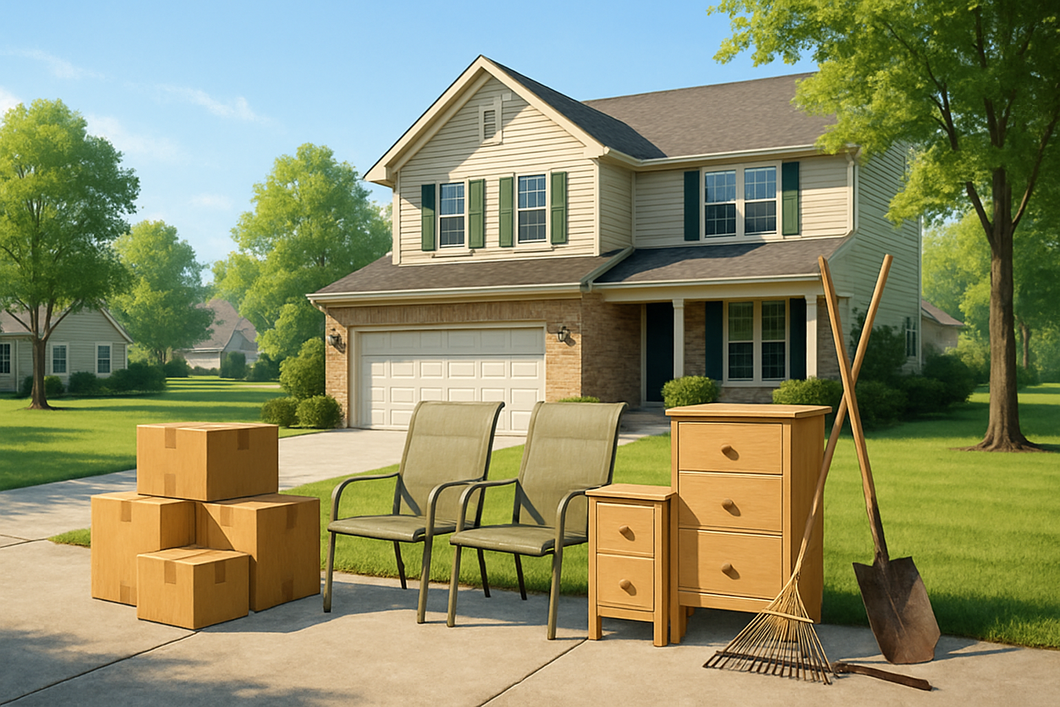 A bright August morning in Carmel Indiana showing a tidy suburban home driveway with neatly staged unwanted household items including cardboard boxes, old patio chairs, a small dresser, and garden tools ready for junk removal, with green lawns and summer trees in the background