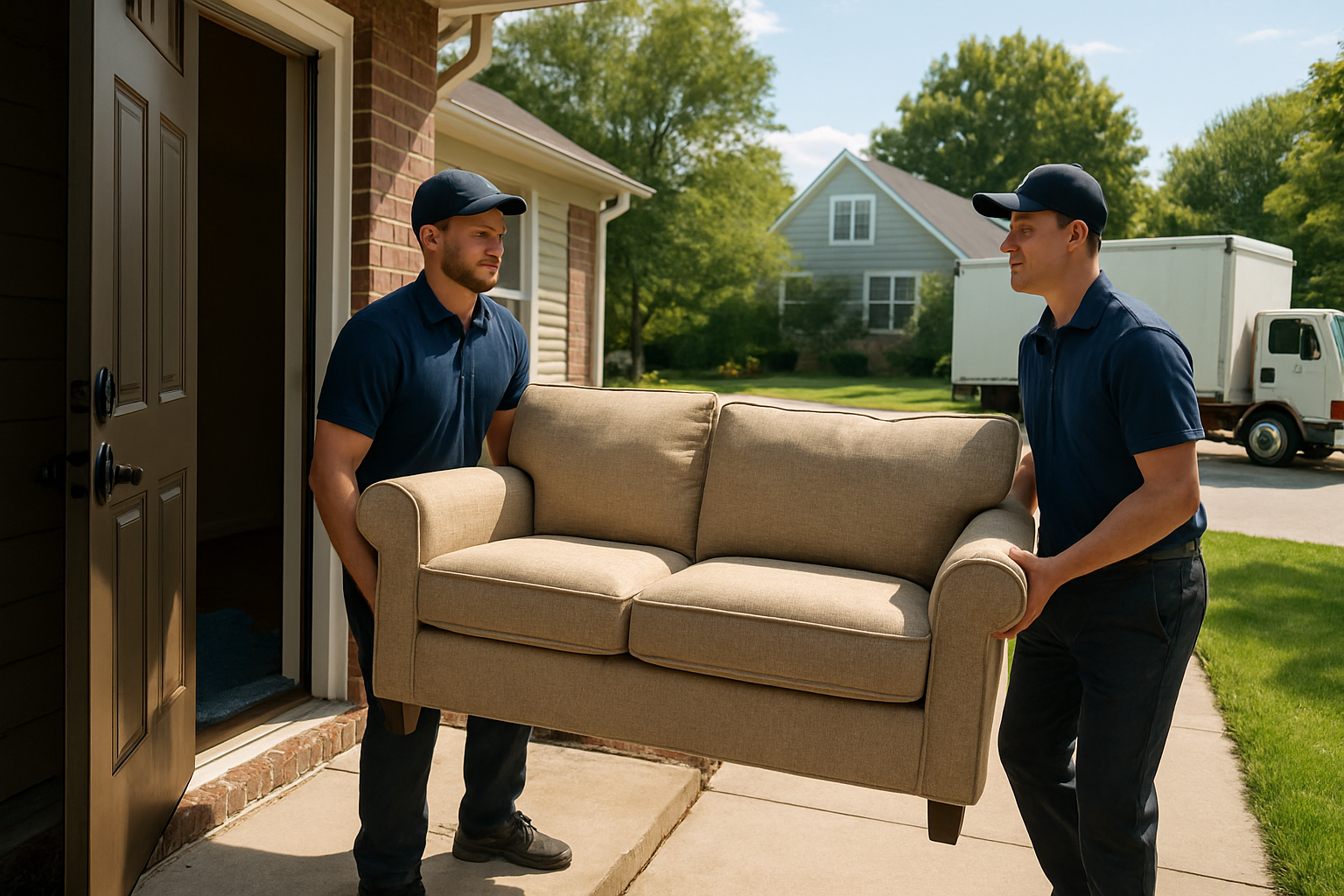 A professional junk removal crew carefully carrying an old couch out of a Carmel Indiana home on a warm sunny August day, with the front door open, moving blankets visible, and a clean Haulstr-style truck parked at the curb