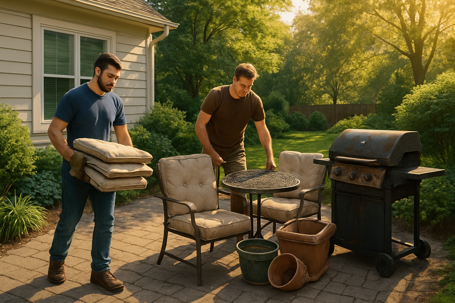 A Carmel Indiana backyard patio in late summer being decluttered, with old patio furniture, worn cushions, broken planters, and a rusty grill grouped together for removal, surrounded by lush green landscaping and warm August sunlight