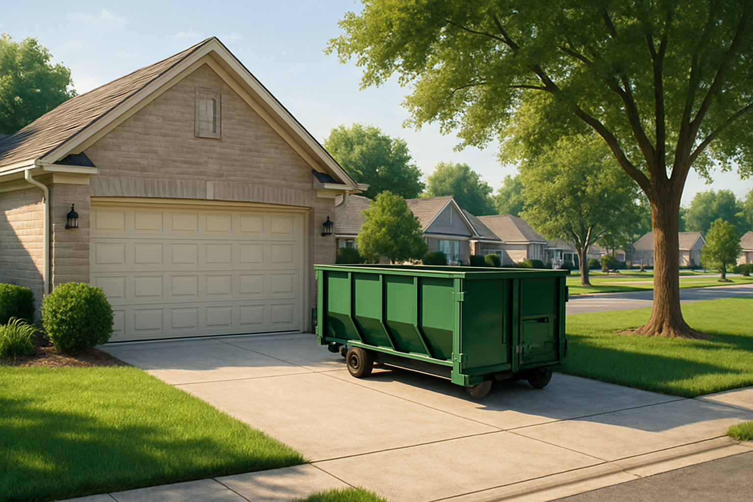 A clean residential driveway in Carmel, Indiana on a sunny August morning, with a compact roll-off dumpster placed neatly near a garage, green lawns, mature trees, and suburban homes in the background