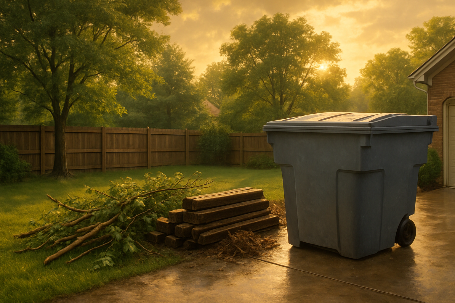 A Carmel, Indiana backyard after a late-summer thunderstorm, with trimmed branches, old landscape timbers, and outdoor debris stacked neatly beside a residential dumpster, humid golden evening light and lush greenery