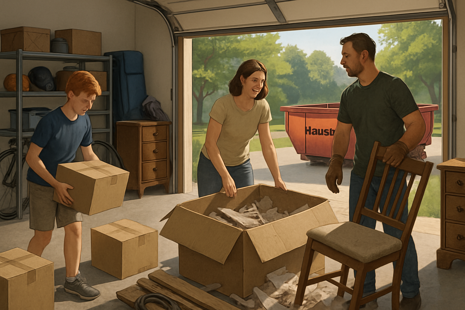A family in Carmel, Indiana organizing a garage during August, with boxes, old furniture, sports gear, and home project debris being sorted near an open garage door, a Haulstr-style dumpster visible in the driveway