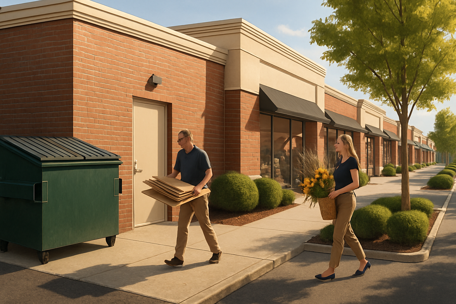 A bright August morning outside a retail storefront in Carmel, Indiana, with a clean commercial dumpster placed neatly near a back service entrance, employees carrying flattened cardboard boxes and summer display materials, warm sunlight, tidy shopping center landscaping, and a professional local business atmosphere