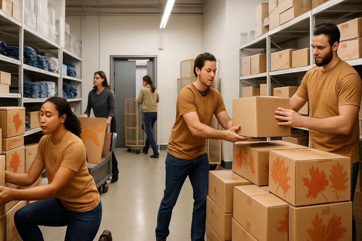 Inside a Carmel retail store stockroom during a seasonal reset, employees organizing fall merchandise boxes while summer signage, cardboard, and old display fixtures are being wheeled toward a back exit, with clean aisles, bright overhead lighting, and a sense of efficient teamwork