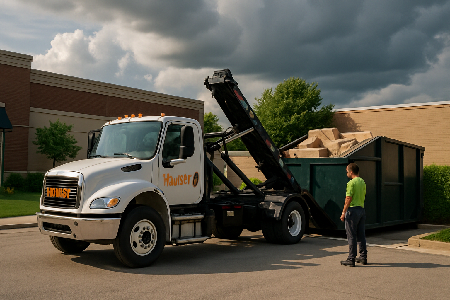 A Haulstr-branded truck servicing a clean commercial dumpster behind a Carmel, Indiana shopping center on a warm late-summer afternoon, with neatly stacked retail debris inside the container, green landscaping, clear pavement, and storm clouds in the distance suggesting typical August weather