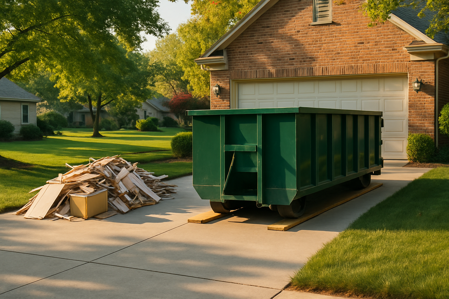 A clean residential driveway in Carmel, Indiana during late summer with a roll-off dumpster placed neatly on boards, remodeling debris staged nearby, green lawns, mature trees, and warm August sunlight