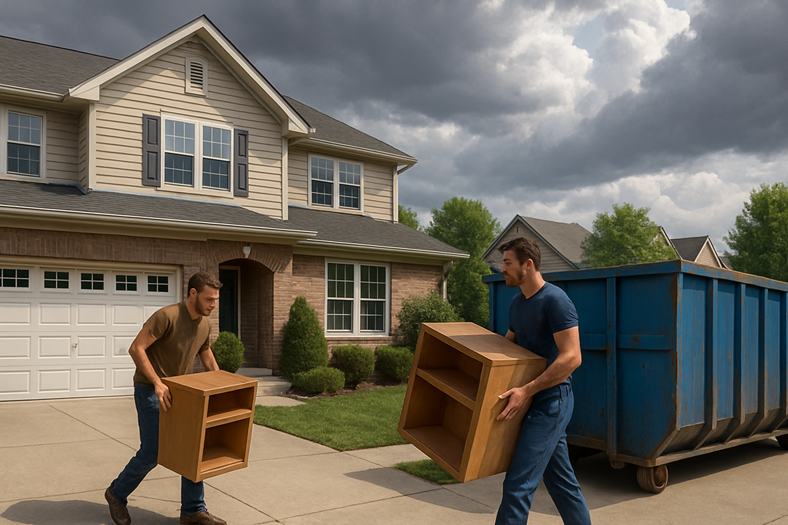 A Carmel, Indiana home remodeling scene with workers carrying old cabinets toward a dumpster in a driveway, partly cloudy August sky with signs of an approaching summer thunderstorm, tidy suburban neighborhood background