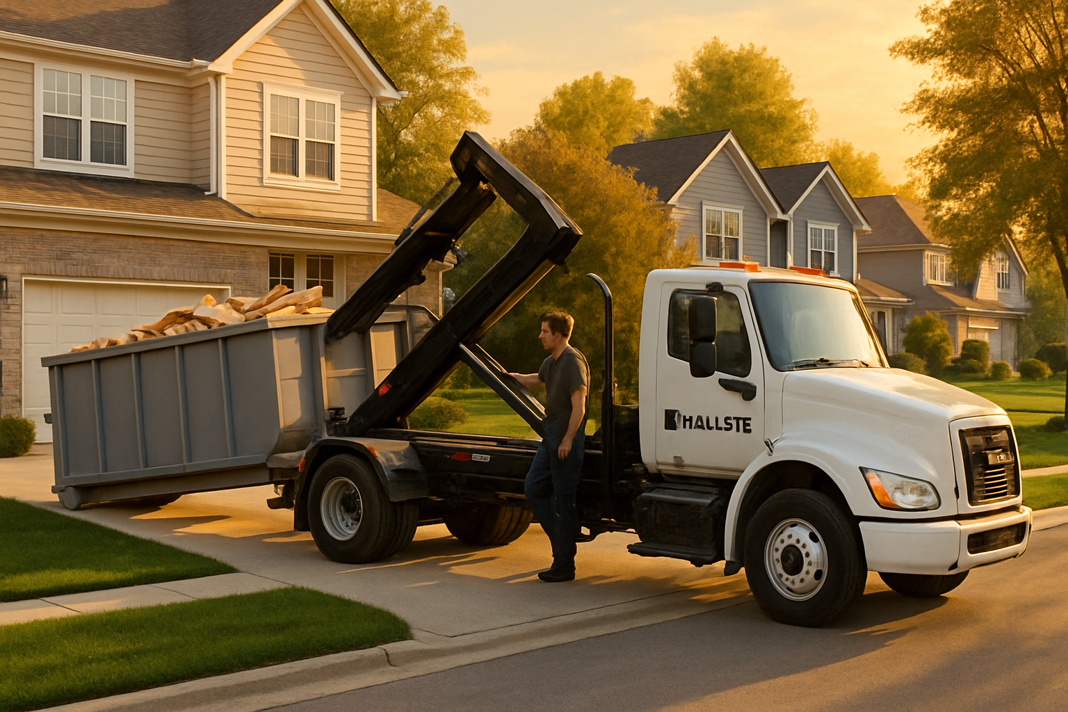 A Haulstr dumpster truck picking up a full but neatly loaded roll-off dumpster from a Carmel, Indiana driveway after a home remodel, golden late-summer evening light, clean curb appeal, suburban homes and trees