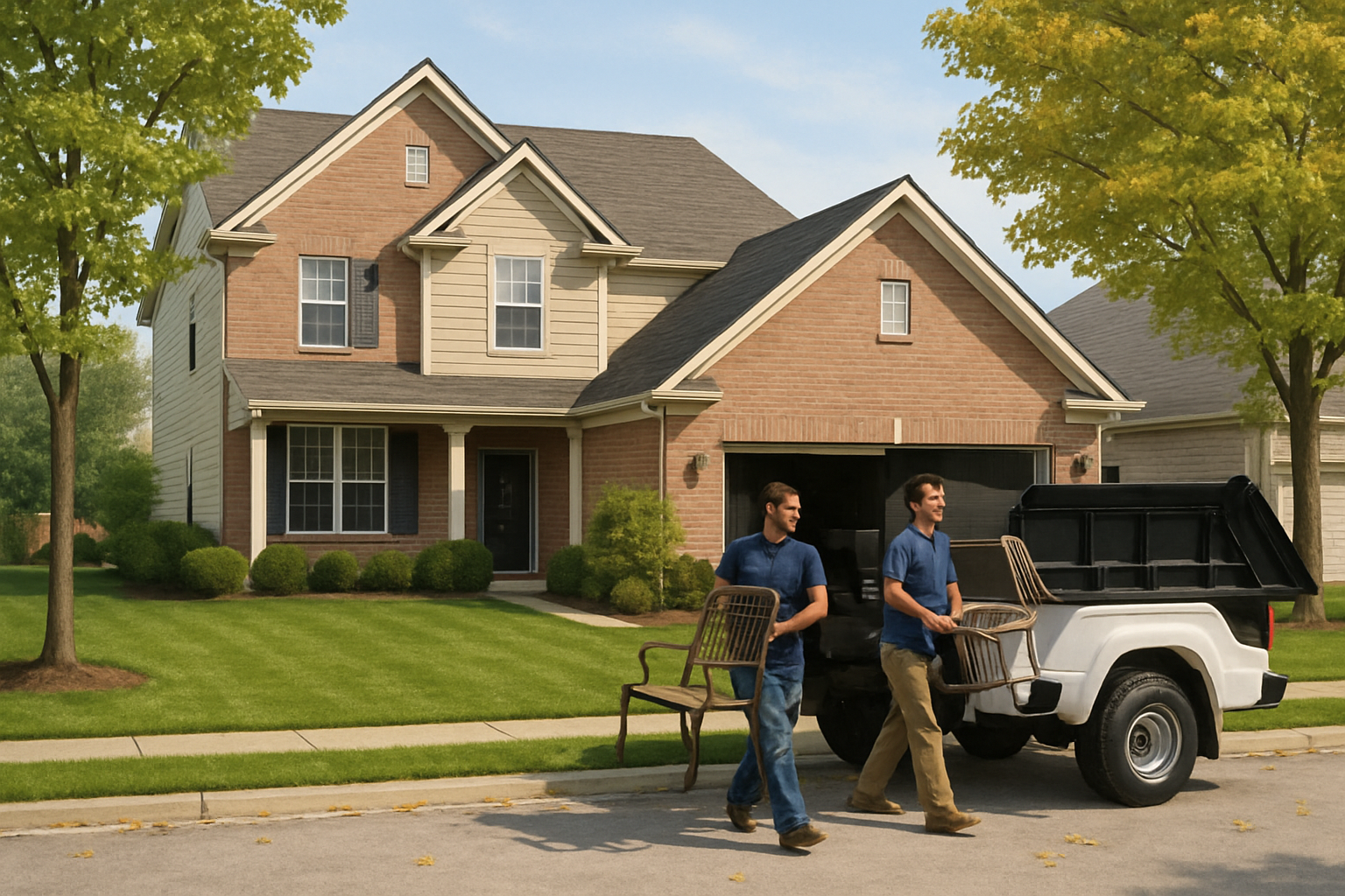 A clean suburban rental home in Carmel Indiana in early September with green lawn, a few yellow leaves on the driveway, a Haulstr-style hauling truck parked near the curb, and workers carrying old patio furniture from the garage