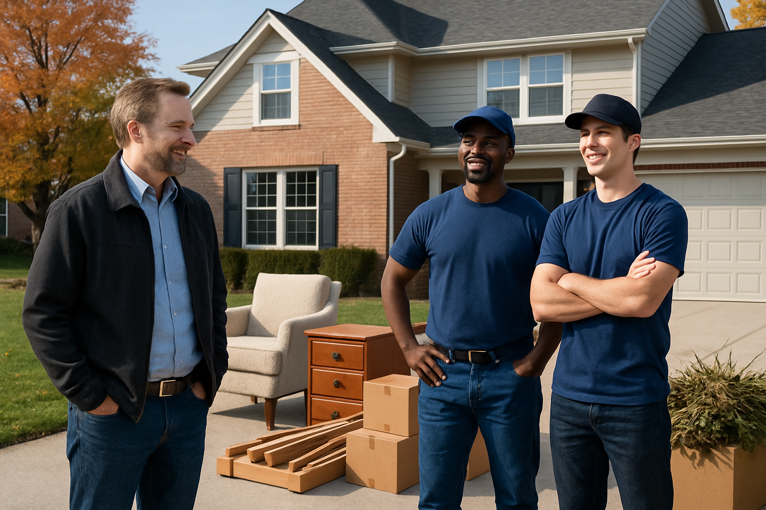 A landlord and a hauling crew standing in the driveway of a Carmel Indiana rental property on a crisp September day, with neatly stacked unwanted furniture, boxes, and yard debris ready to be loaded