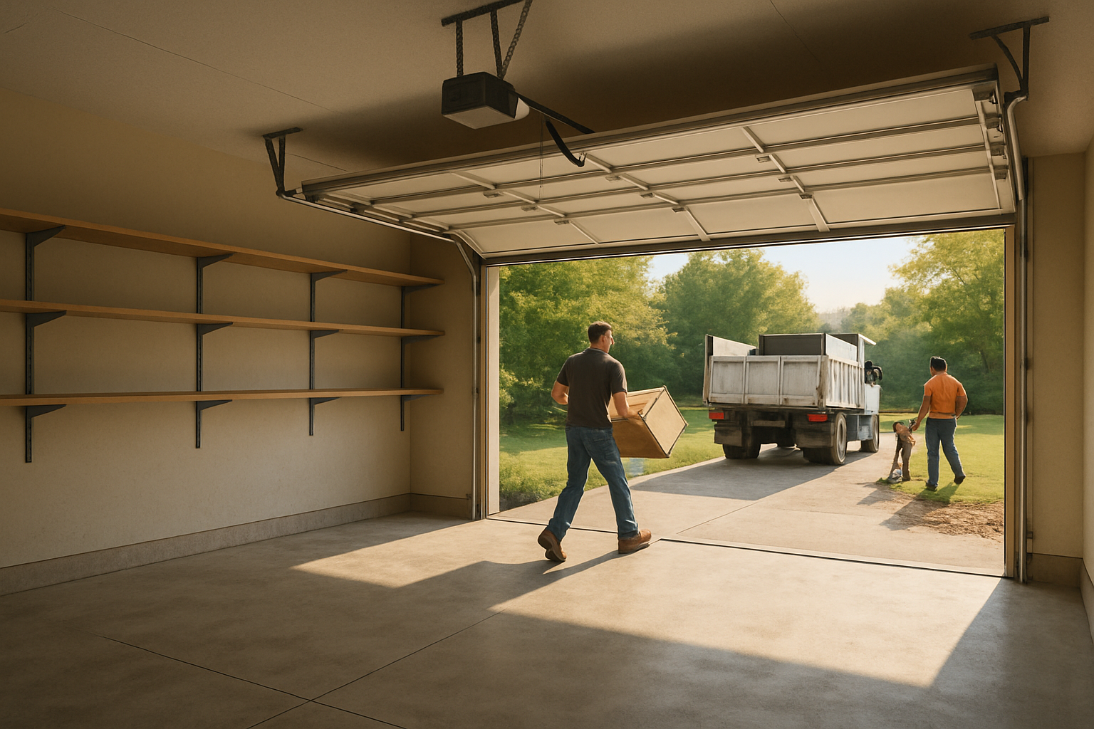 Interior view of a freshly cleared rental garage in Carmel Indiana with clean concrete floor, empty shelves, open garage door, soft September sunlight, and a hauling crew finishing cleanup in the background