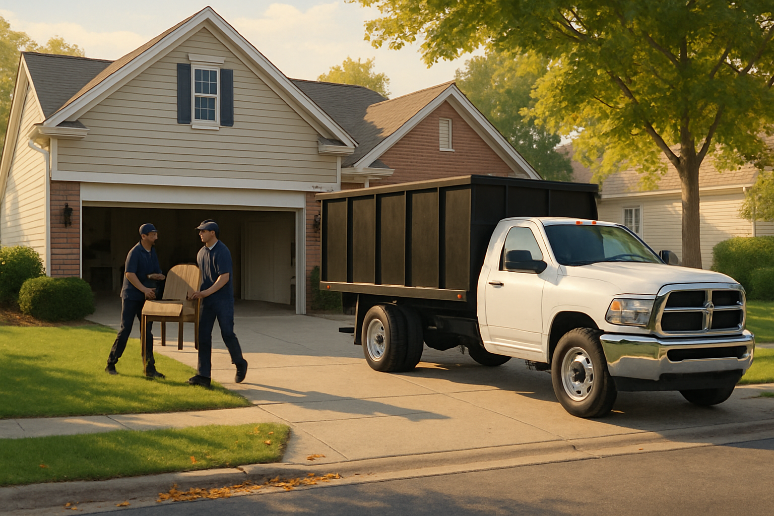 A clean suburban Carmel, Indiana home exterior in early September with mild golden sunlight, green lawn, a few early autumn leaves near the driveway, and a Haulstr junk removal truck parked curbside while two uniformed team members carry an old chair from the garage