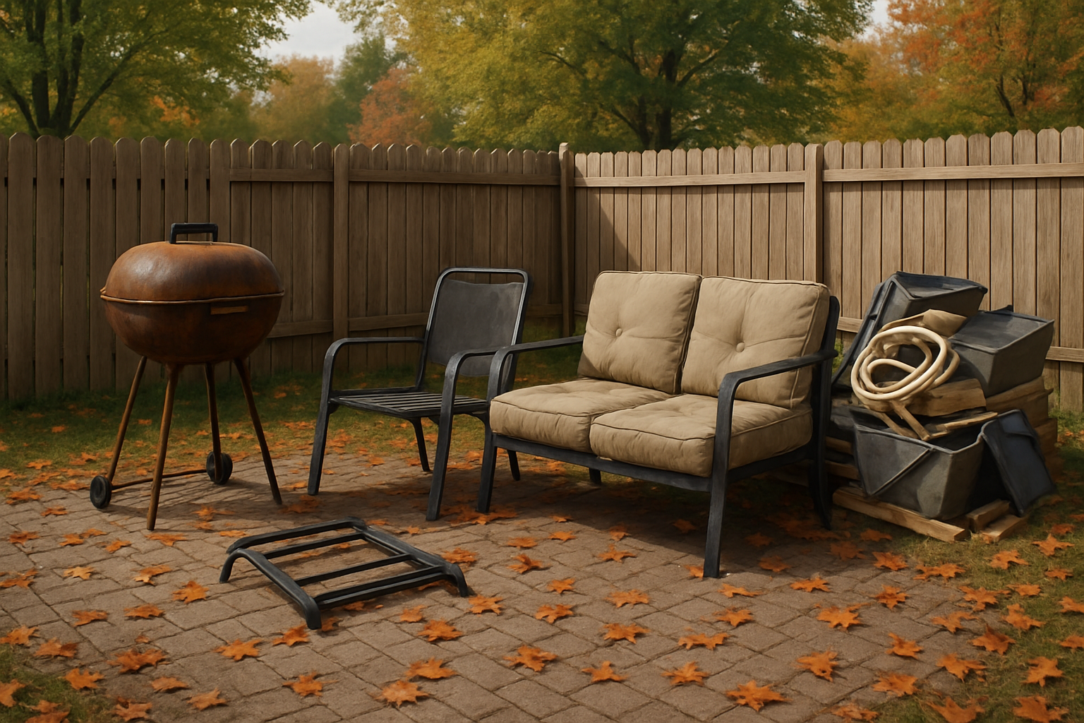 A Carmel, Indiana backyard patio in September with fallen early autumn leaves, an old rusted grill, broken patio chairs, worn outdoor cushions, and a neat pile of junk ready for removal near a wooden fence
