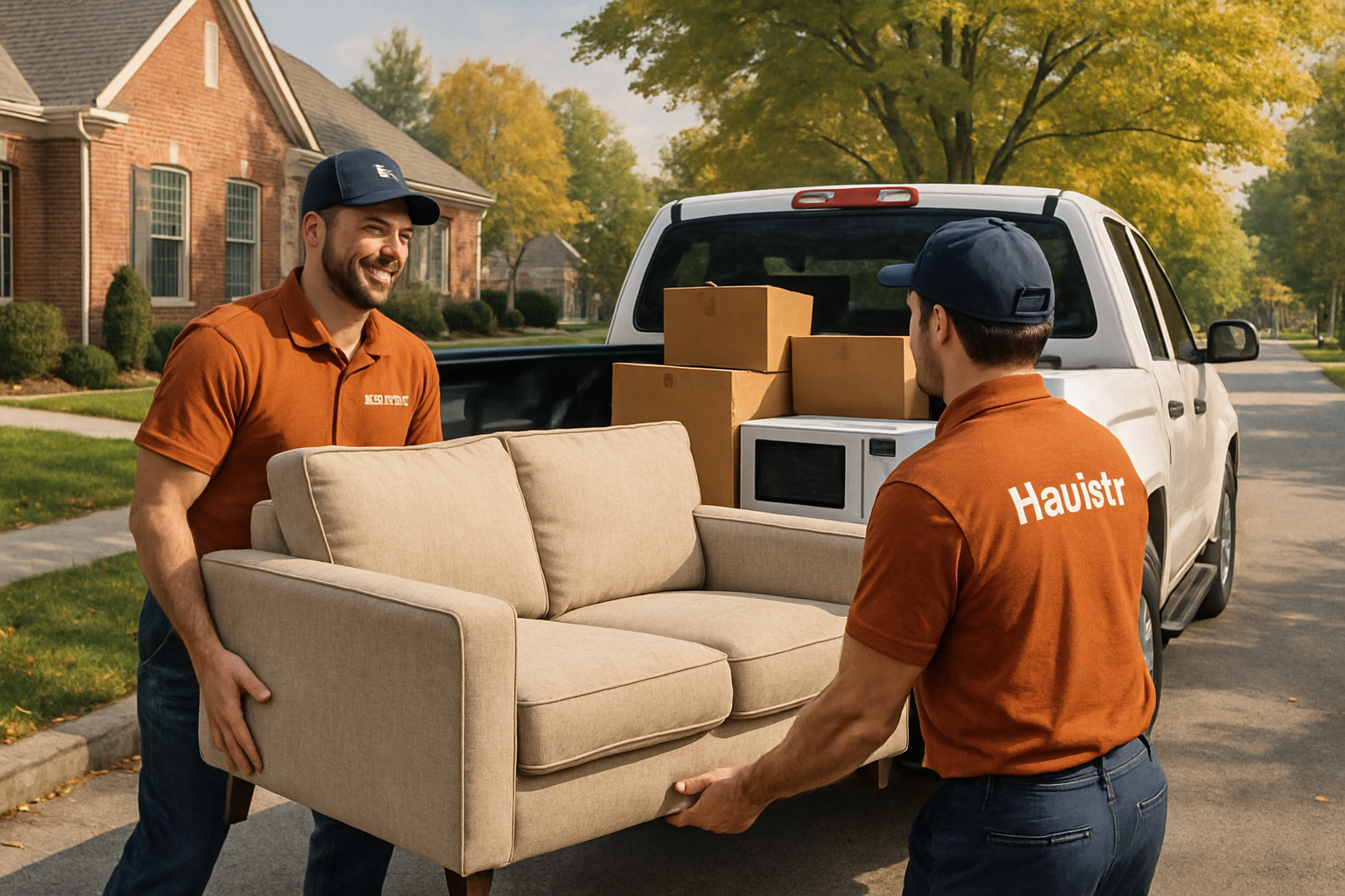 Two friendly Haulstr junk removal team members in branded shirts loading a sofa, cardboard boxes, and a small appliance into a clean truck on a tree-lined Carmel, Indiana neighborhood street during a crisp September afternoon