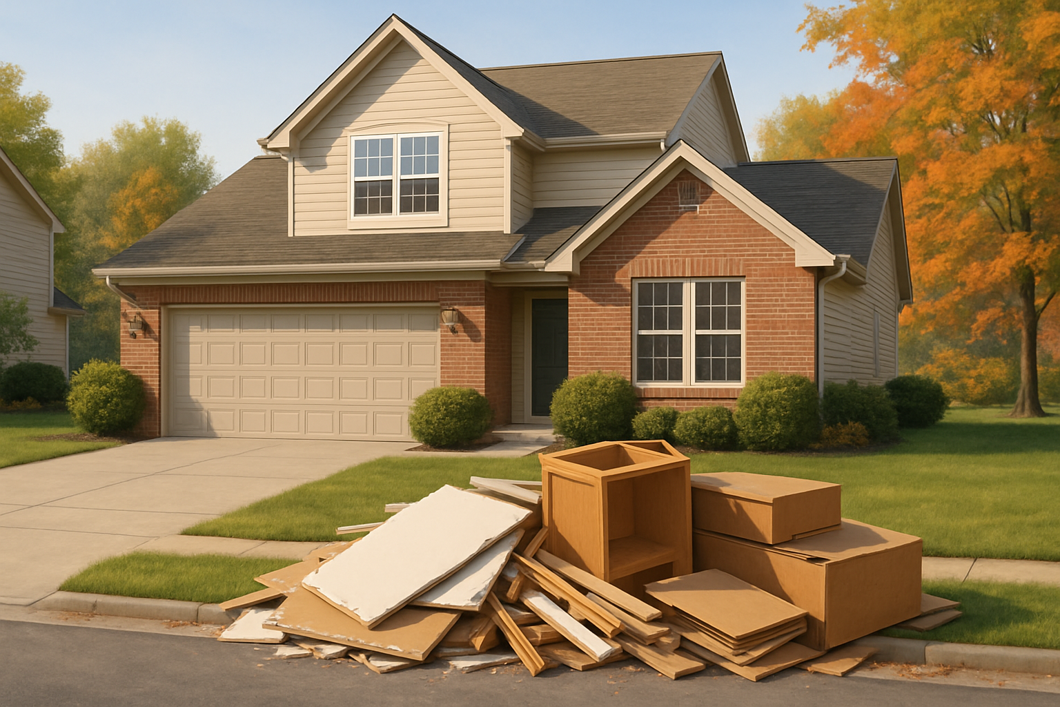 [A neat suburban Carmel Indiana home in early September with mild fall sunlight, a small remodeling debris pile of drywall, wood trim, old cabinets, and cardboard stacked near the driveway, with green lawns and the first hints of autumn leaves in the background]