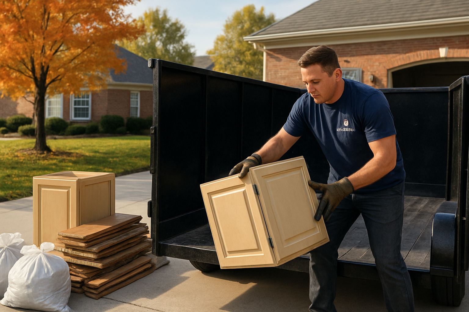 [A Haulstr crew member wearing work gloves loading old cabinets, flooring pieces, and bagged remodeling debris into a clean hauling trailer on a crisp September afternoon in Carmel Indiana, with organized debris piles and a tidy residential driveway]