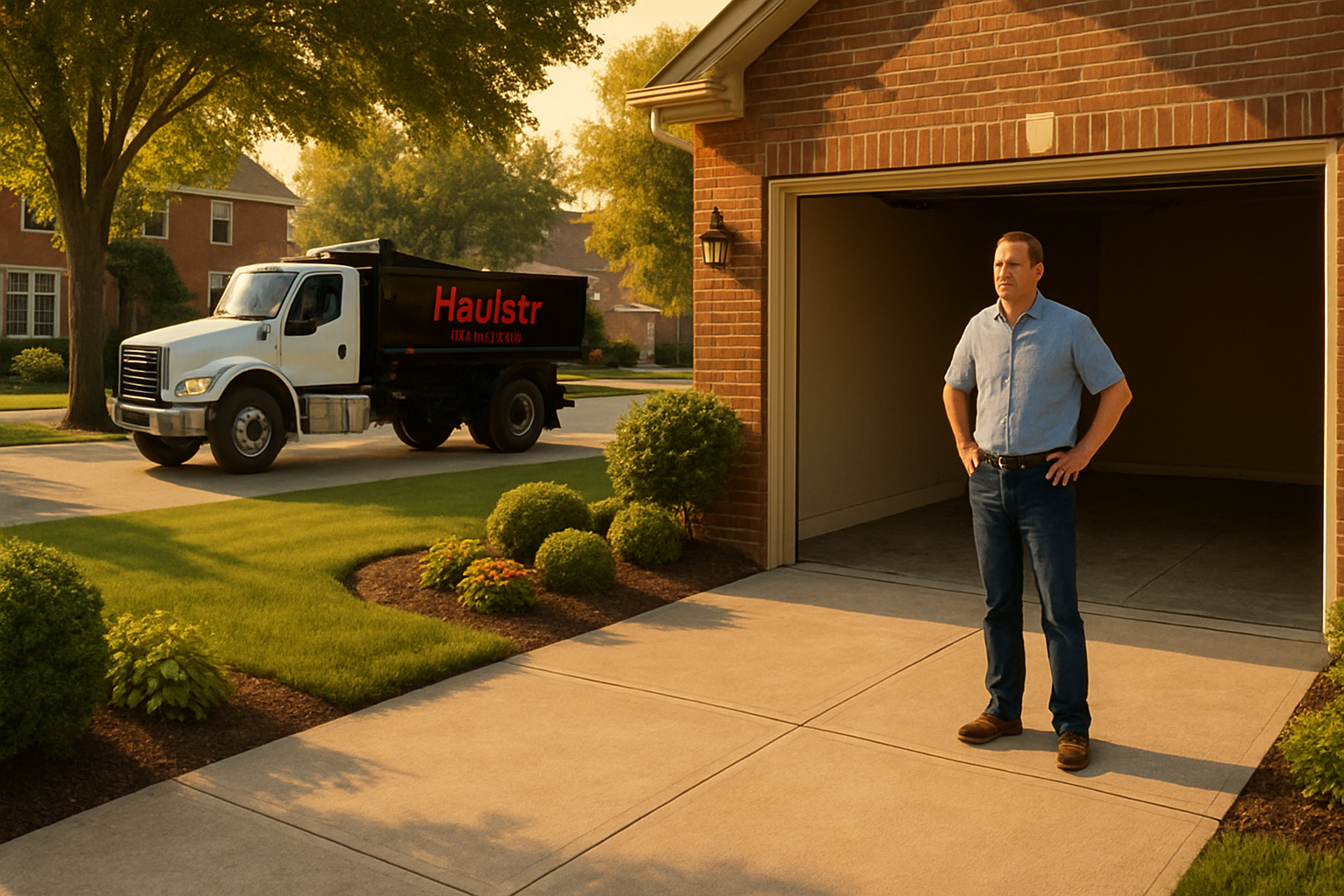 [A clean Carmel Indiana driveway after remodeling debris removal, with a Haulstr truck pulling away, golden September evening light, tidy landscaping, and a homeowner looking relieved beside a freshly swept garage entrance]